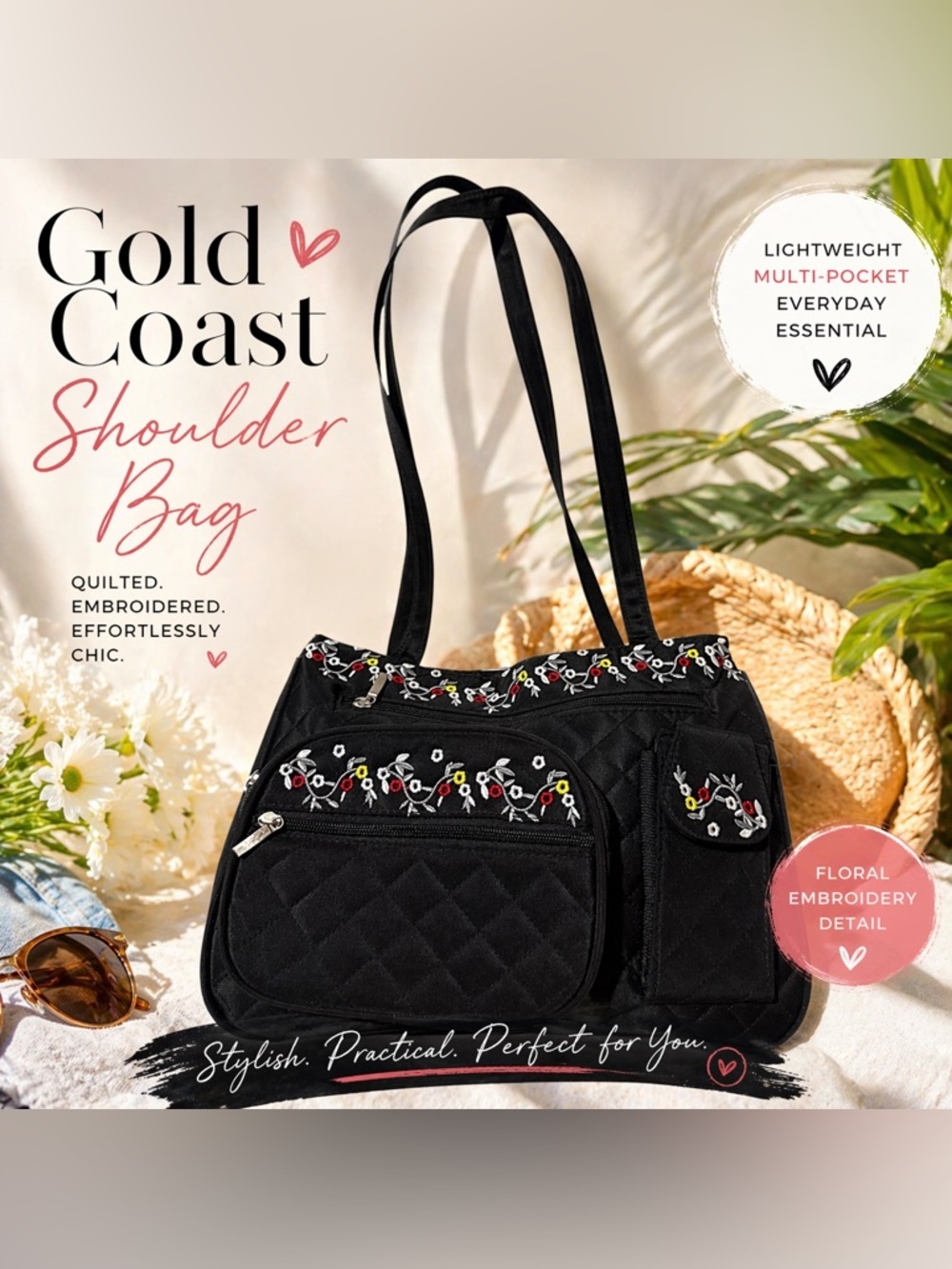 Gold Coast Black Quilted Shoulder Bag Floral Embroidered